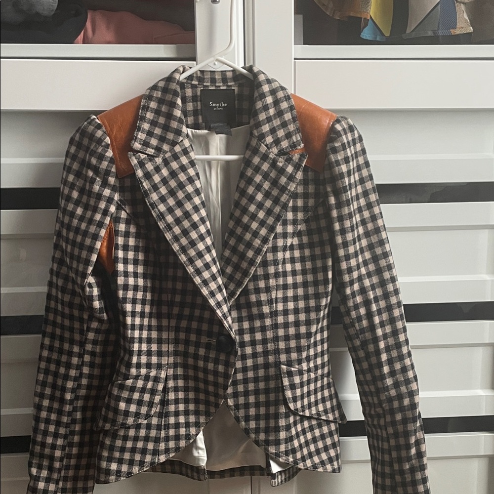 Smythe Checkered Blazer with Tan Leather Accents